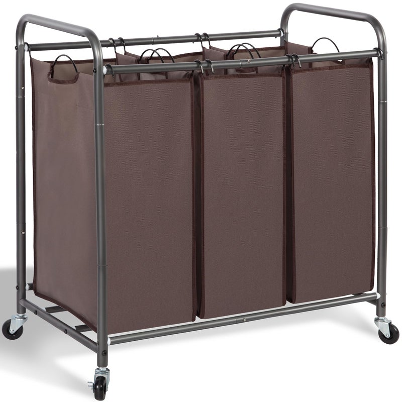 STORAGE MANIAC 3 Section Laundry Sorter, 35.9 Gal (136 L) Laundry Hamper Cart with Heavy Duty Rolling Lockable Wheels and Removable Bags, Clothes Organizer Basket Clothes Separator Hamper, Brown - Image 1